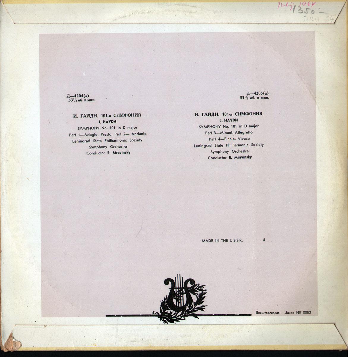 Й. ГАЙДН. Симфония № 101 ре мажор "Часы" (Е. Мравинский)