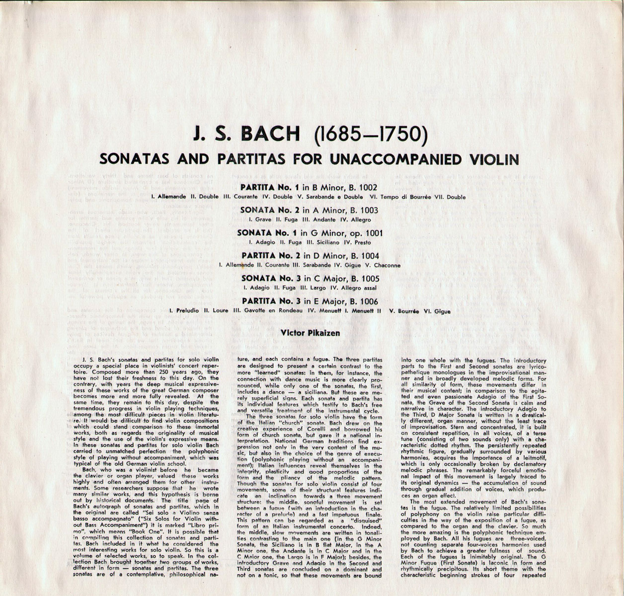 И. С. БАХ (1685–1750): Сонаты и партиты для скрипки соло (Виктор Пикайзен)