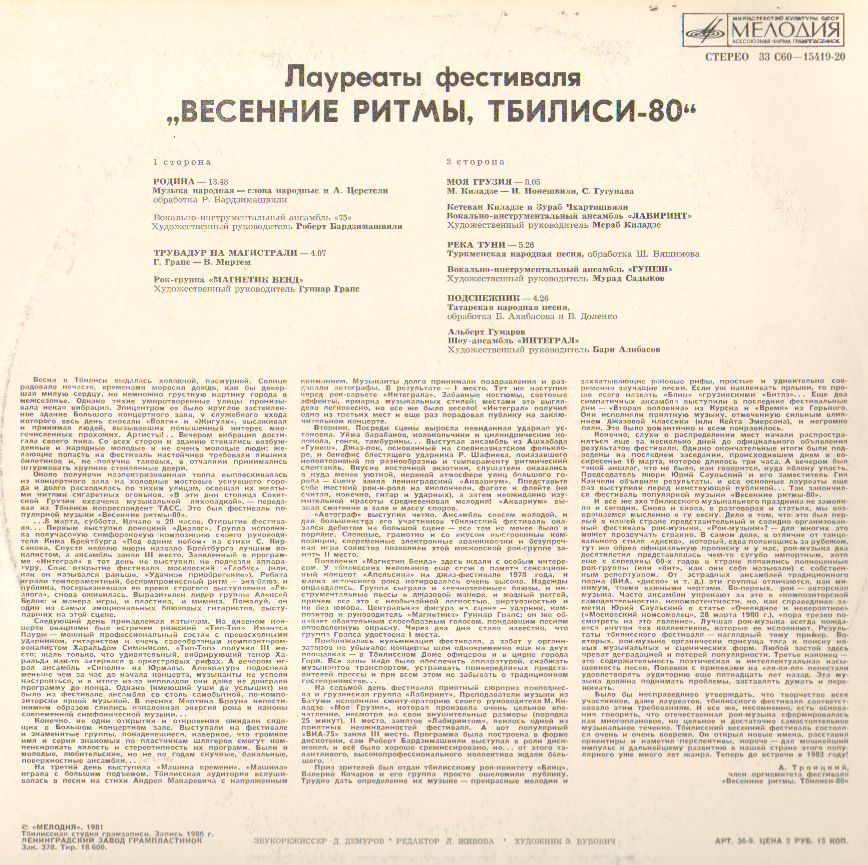 Лауреаты фестиваля "ВЕСЕННИЕ РИТМЫ".  Тбилиси-80
