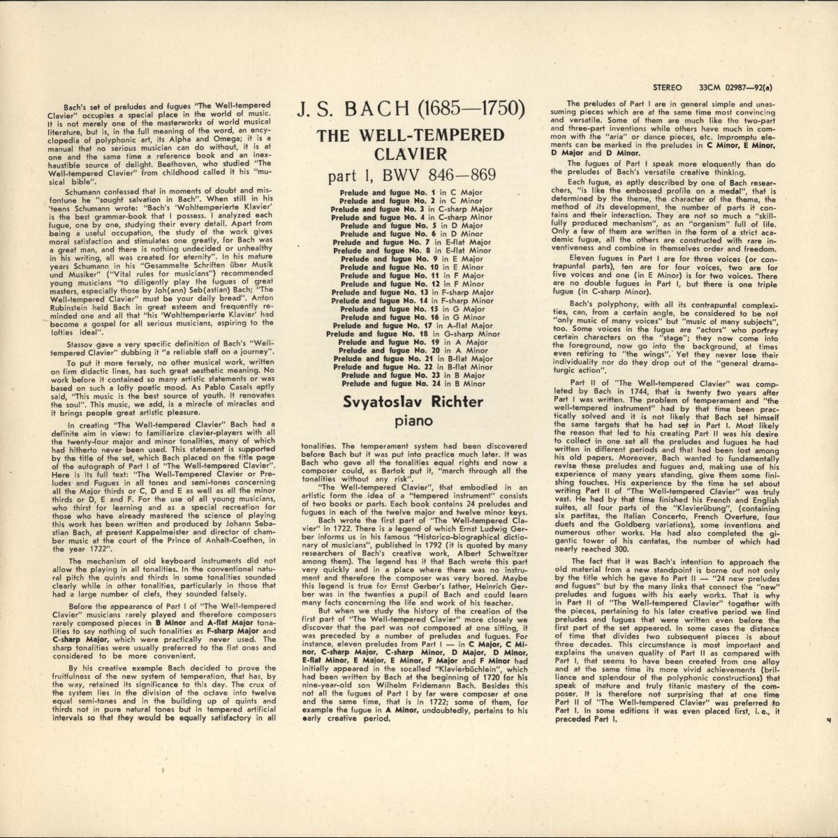 И. С. БАХ (1685—1750): Хорошо темперированный клавир. Часть 1. В. 846–869 (С. Рихтер)
