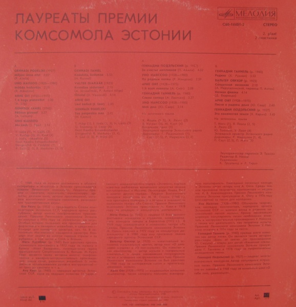 ЛАУРЕАТЫ ПРЕМИИ КОМСОМОЛА ЭСТОНИИ.