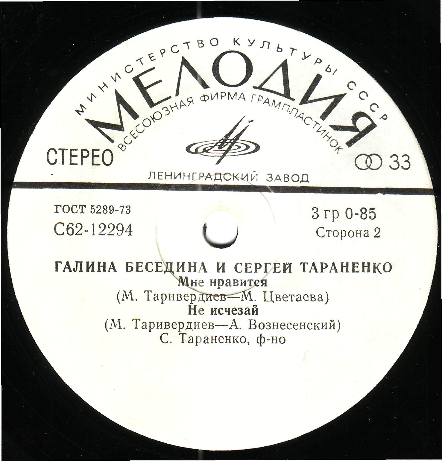 Галина БЕСЕДИНА и Сергей ТАРАНЕНКО поют песни Микаэла Таривердиева