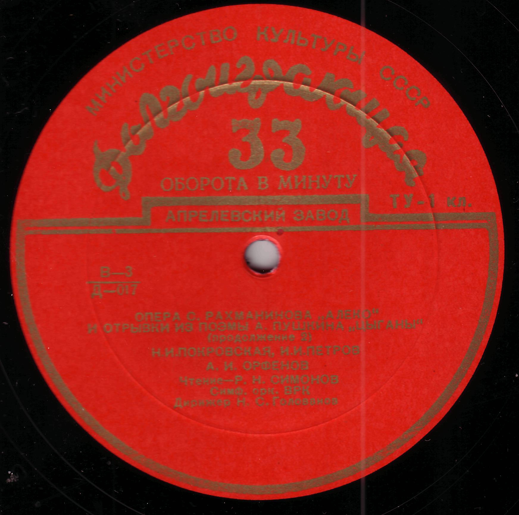 С. РАХМАНИНОВ (1873–1943): опера «Алеко» (Н. Голованов) / А. С. ПУШКИН (1799–1837): Отрывки из поэмы «Цыганы» (Р. Симонов)