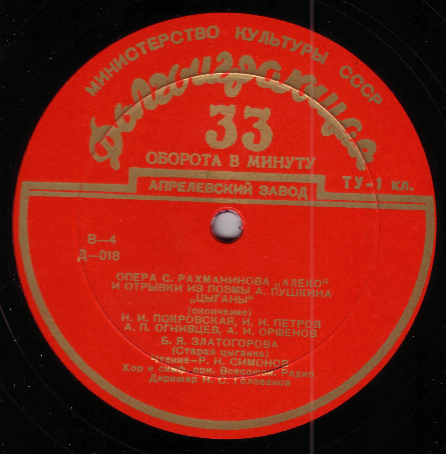 С. РАХМАНИНОВ (1873–1943): опера «Алеко» (Н. Голованов) / А. С. ПУШКИН (1799–1837): Отрывки из поэмы «Цыганы» (Р. Симонов)