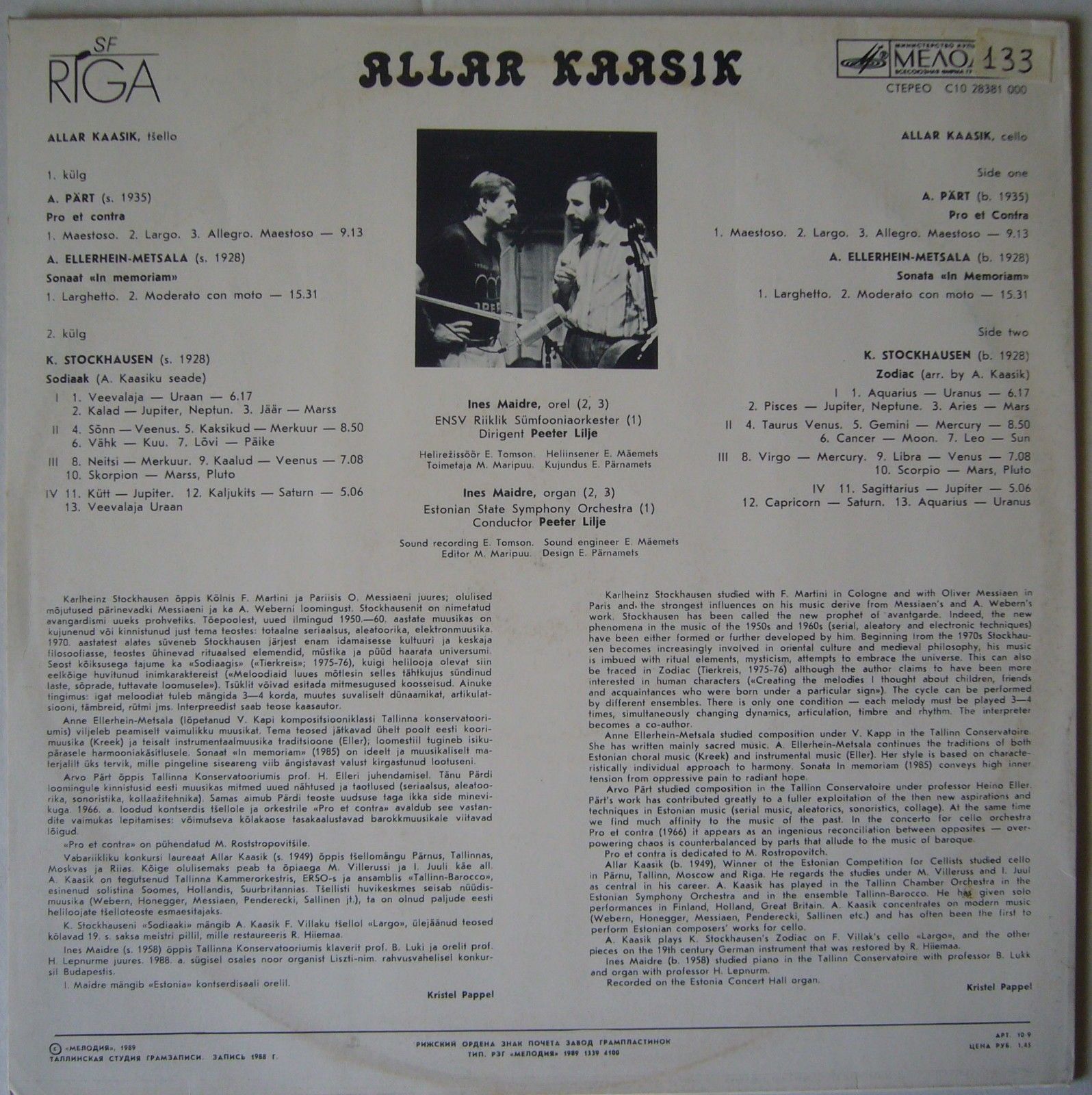 A. Pärt, A. Ellerhein-Metsala, K. Stockhausen ‎– Allar Kaasik, tšello
