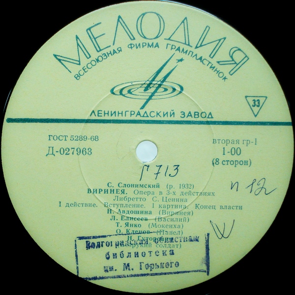 С. СЛОНИМСКИЙ (1932) «Виринея», опера в 3 д. — К. Абдуллаев