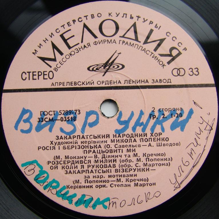 ЗАКАРПАТСКИЙ НАРОДНЫЙ ХОР, худ. рук. М. Попенко