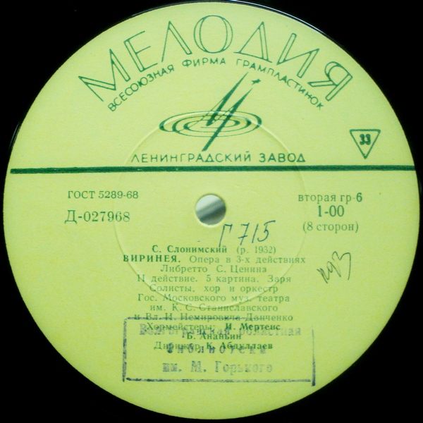С. СЛОНИМСКИЙ (1932) «Виринея», опера в 3 д. — К. Абдуллаев