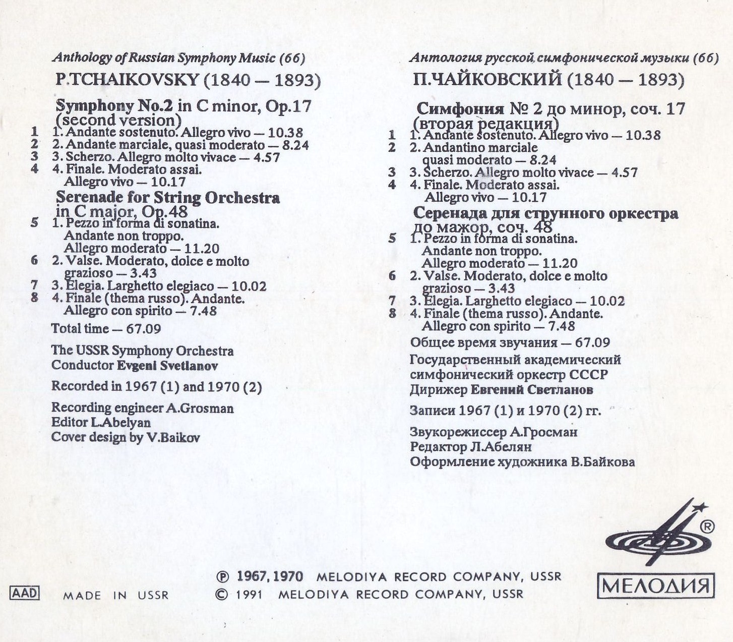 П. ЧАЙКОВСКИЙ (1840—1893). "Антология русской симфонической музыки. Дирижер Е. Светланов" (66)