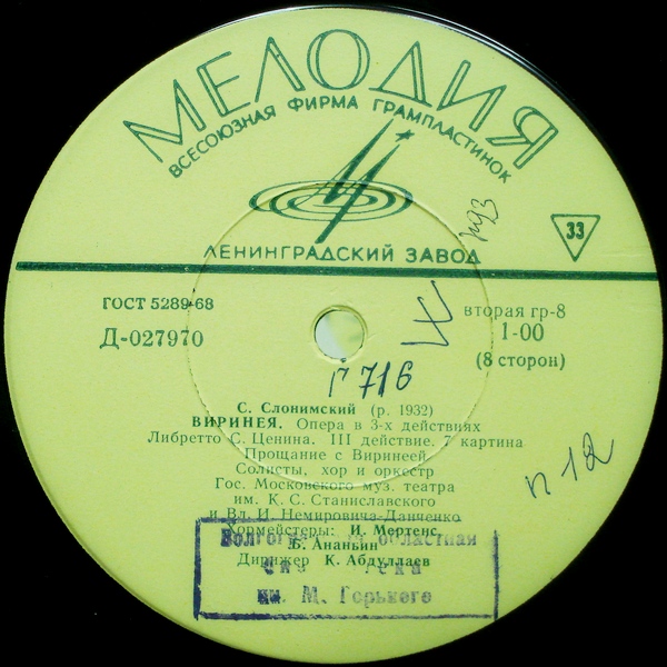 С. СЛОНИМСКИЙ (1932) «Виринея», опера в 3 д. — К. Абдуллаев
