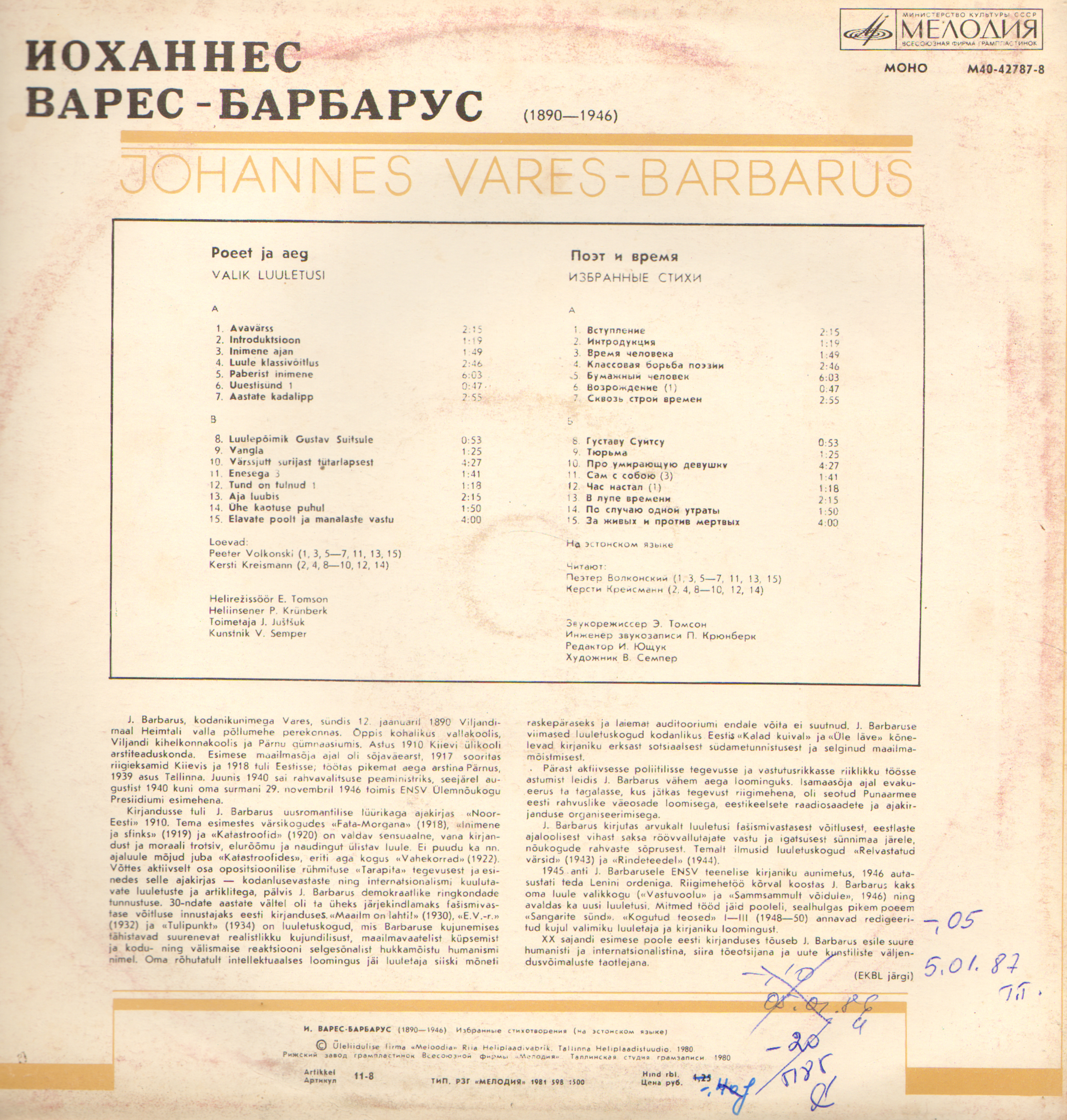 И. ВАРЕС-БАРБАРУС (1890-1946): «Поэт и время», избранные стихи