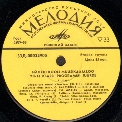 Звуковое пособие к музыкально-образовательной программе VII - XI классов общеобразовательных школ Эстонской ССР