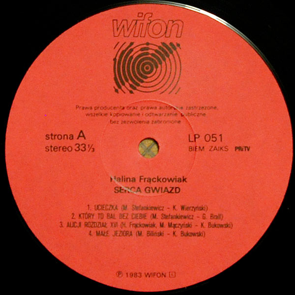 Halina Frąckowiak. ‎"Serca Gwiazd" [по заказу польской фирмы WIFON, LP 051]