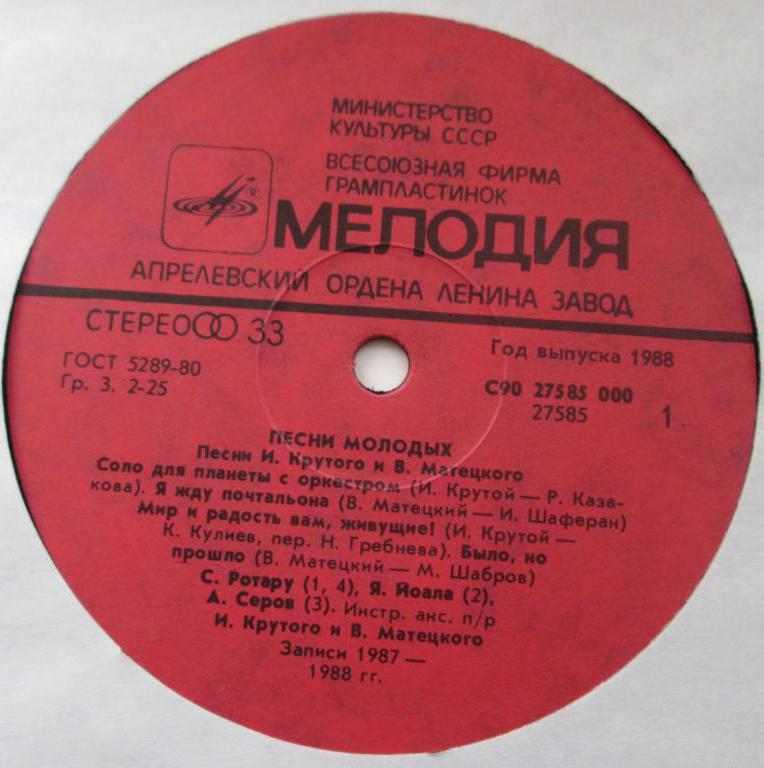 «Песни молодых». Песни Игоря КРУТОГО и Владимира МАТЕЦКОГО