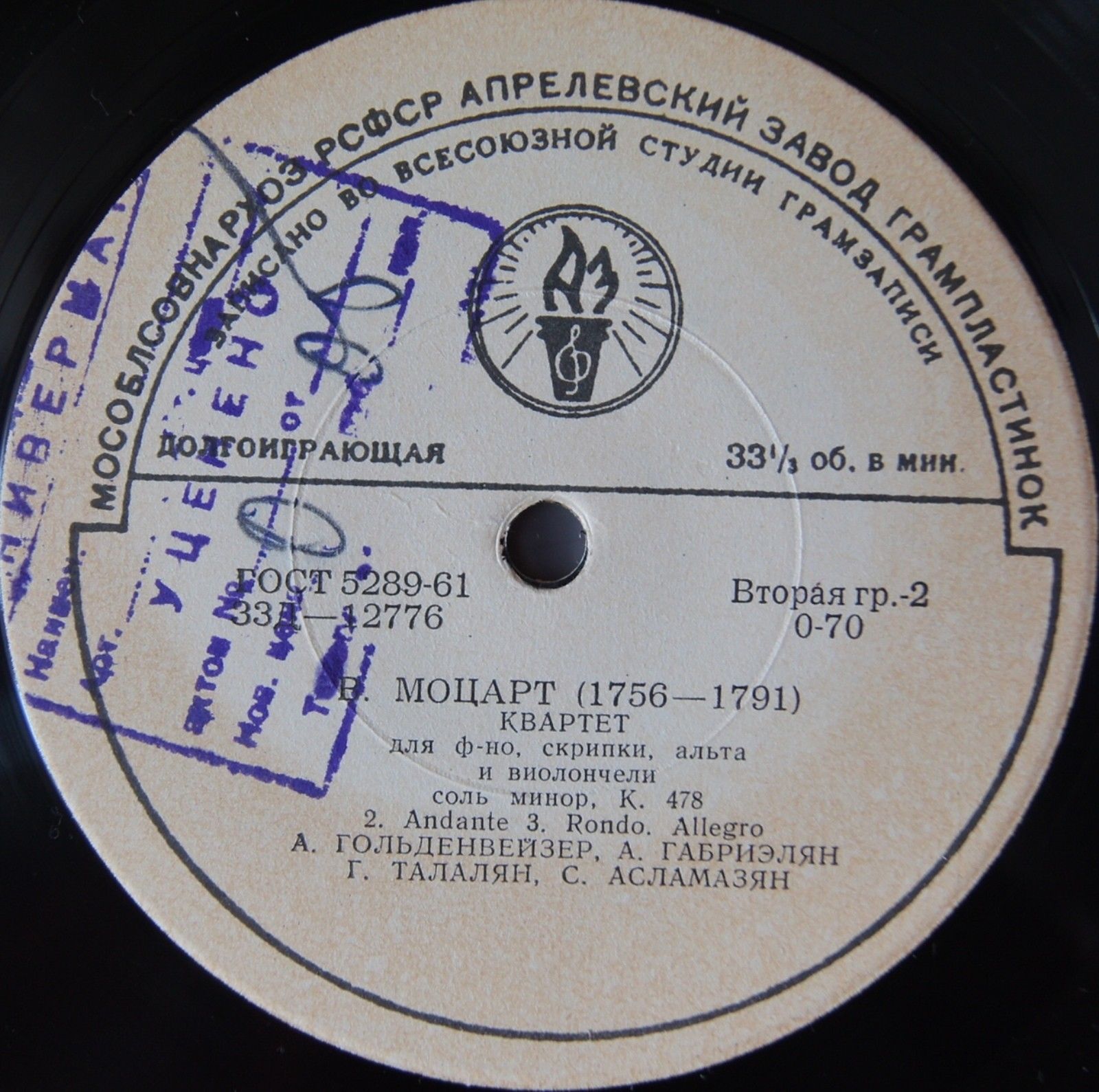 В. Моцарт: Квартет - Гольденвейзер, Габриэлян, Талалян, Асламазян