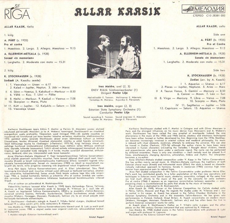A. Pärt, A. Ellerhein-Metsala, K. Stockhausen ‎– Allar Kaasik, tšello