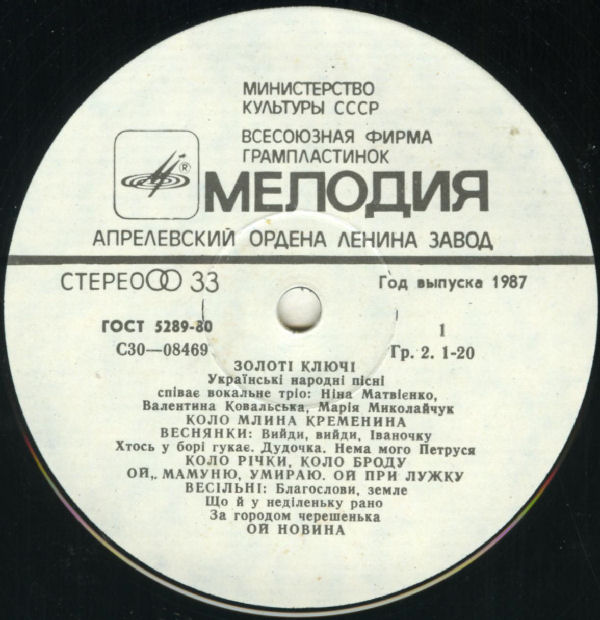 ЗОЛОТІ КЛЮЧІ. Українські народні пісні співає вокальне тріо: Ніна Матвієнко, Валентина Ковальська, Марія Миколайчук.