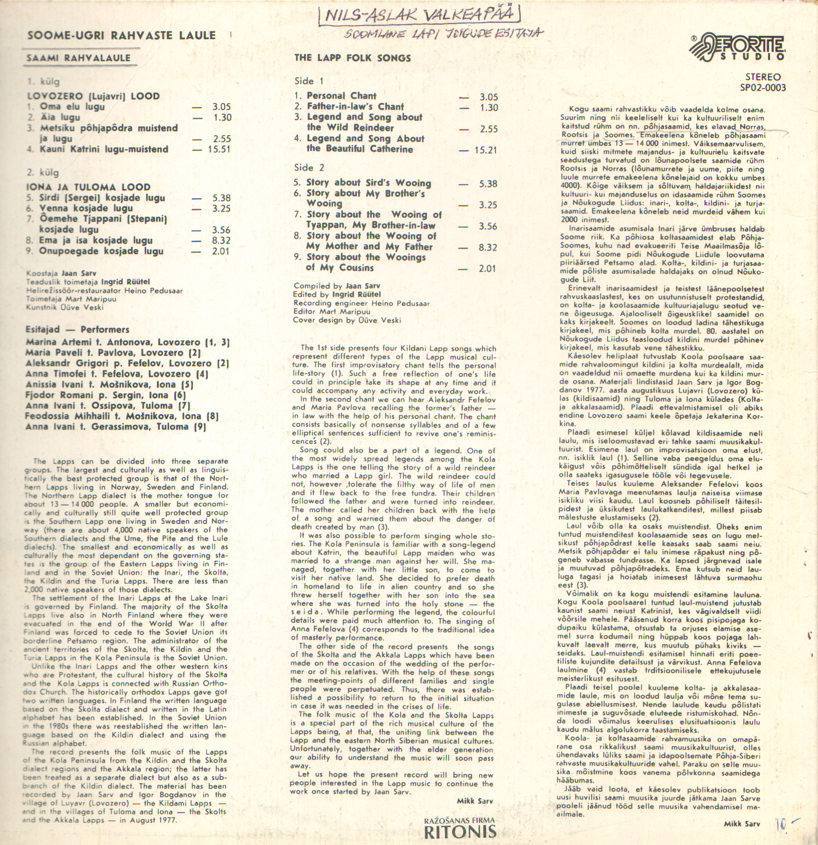 Soome-ugri rahvaste laule. I, Saami rahvalaule  = The lapp folk songs / koostaja = compiled by Jaan Sarv ; toimetaja = edited by Ingrid Rüütel