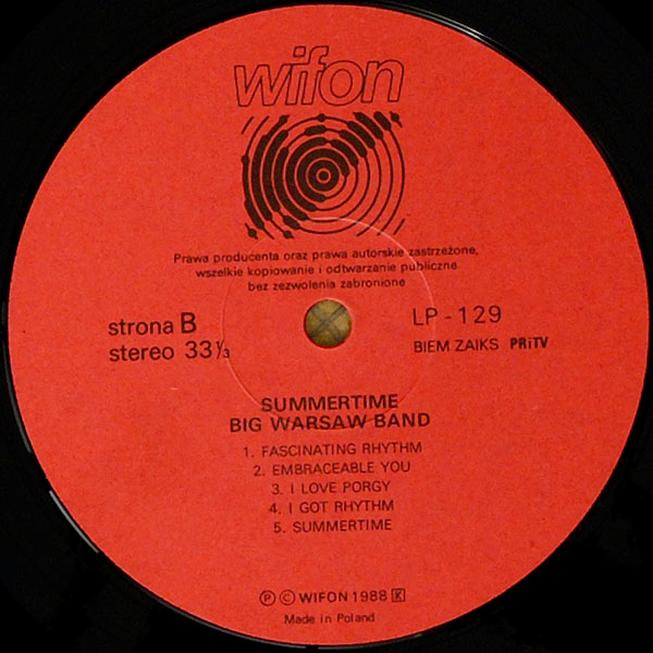 Big Warsaw Band ‎– Summertime: The Best Of George Gershwin  [по заказу польской фирмы WIFON, LP 129]