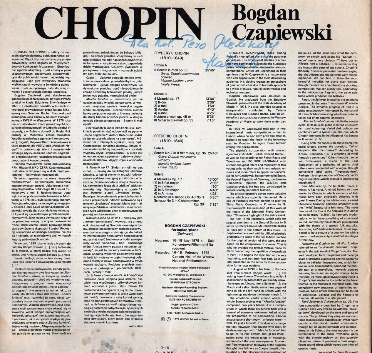 Chopin - Bogdan Chapiewski   [по заказу польской фирмы WIFON, LP 015]