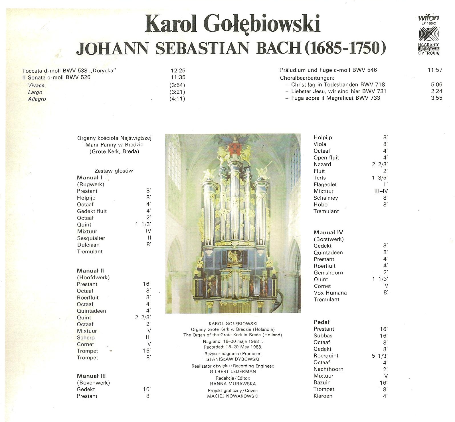Karol Gołębiowski / J.S. Bach [по заказу польской фирмы WIFON, LP 166]