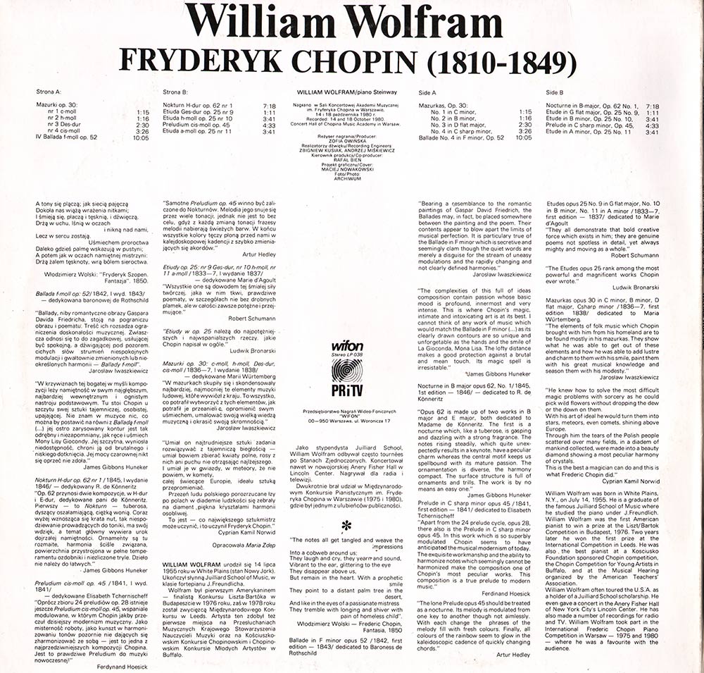 William Wolfram: Chopin ‎– IV Ballada F-moll, Mazurki Op. 30 [по заказу польской фирмы WIFON, LP 038]