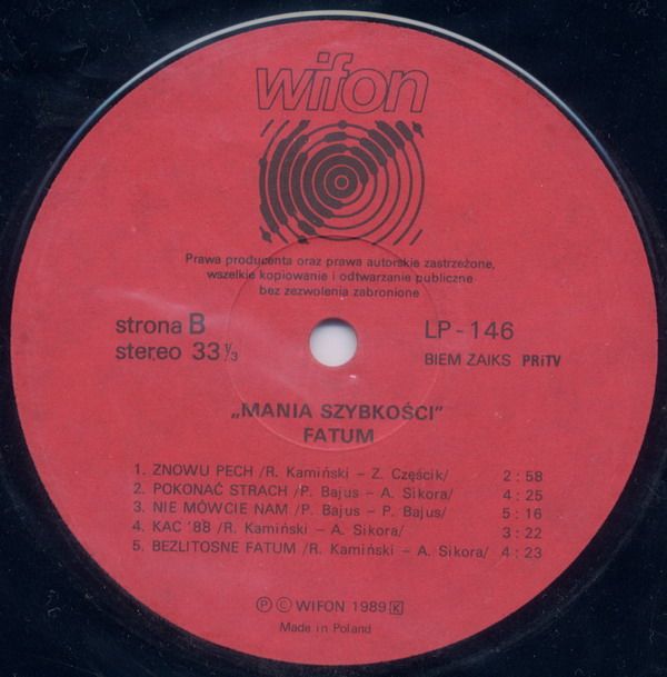Fatum ‎– Mania Szybkości  [по заказу польской фирмы WIFON, LP 146]