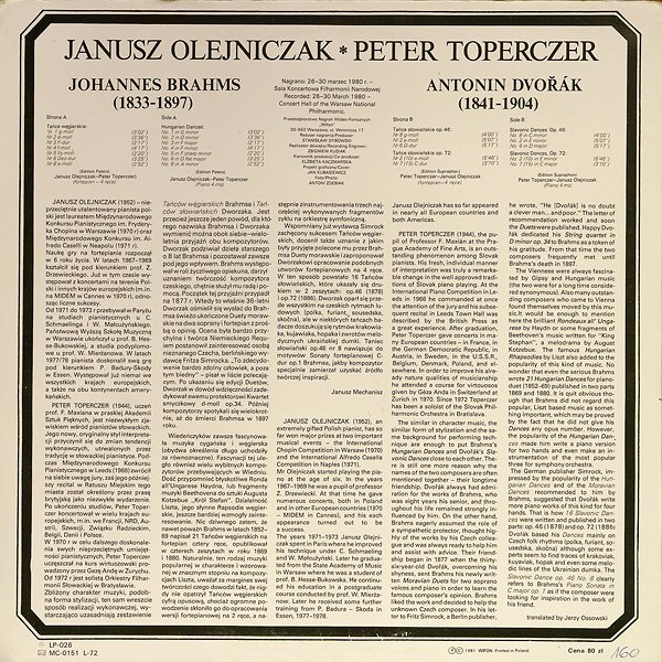 Janusz Olejniczak, Peter Toperczer. Brahms - Dvorak - Tańce [по заказу польской фирмы WIFON, LP 026]
