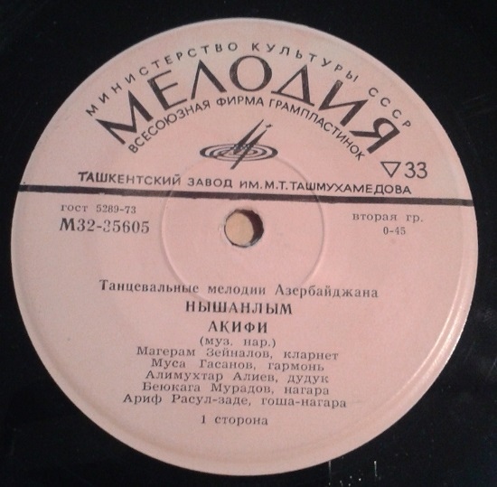 ИНСТР. КВИНТЕТ: М. Зейналов (кларнет), М. Гасанов (гармоника), А. Алиев (дудук), Б. Мурадов (нагара), А. Расул-заде (гоша-нагара). Нар. танцевальные мелодии: