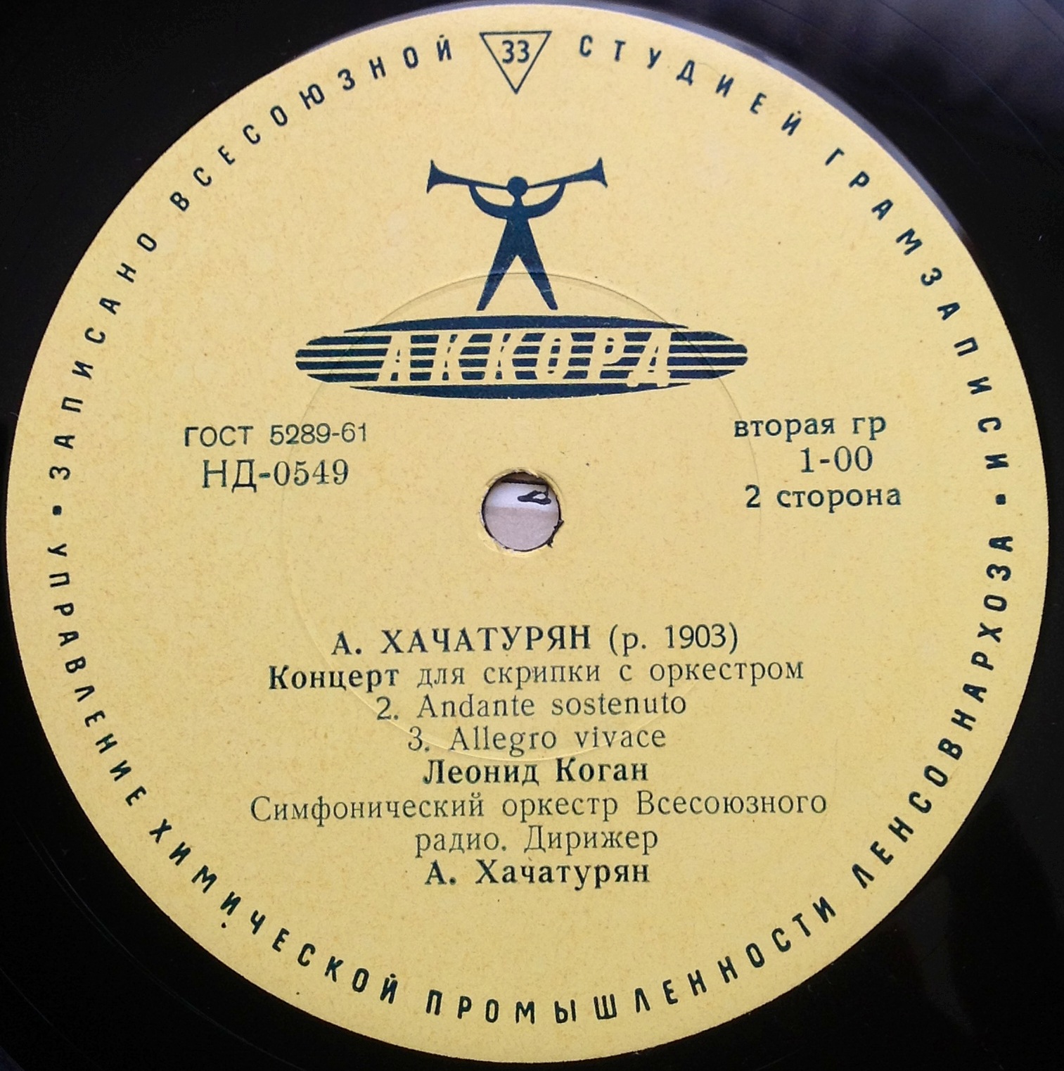 А. ХАЧАТУРЯН (1903–1978): Концерт для скрипки с оркестром (Л. Коган, А. Хачатурян)