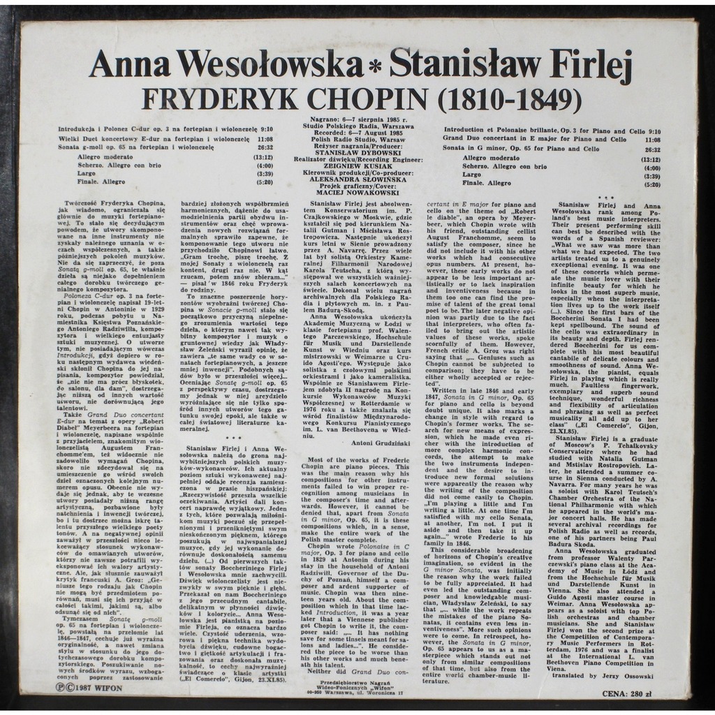 Chopin. Dziela kameralne - Stanislaw Firlej, Anna Wesolowska [по заказу польской фирмы WIFON, LP 075]