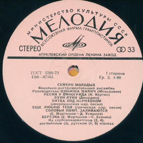 Семеро молодых. Вокально-инструментальный ансамбль. Руководитель Любиша Милич (Югославия)