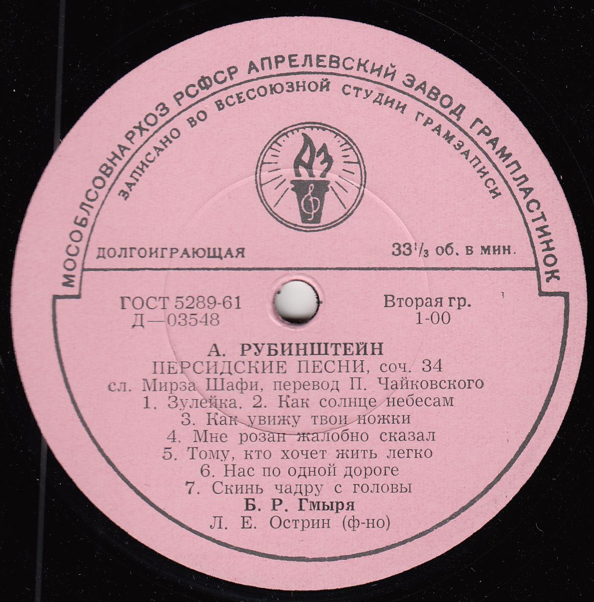 А. РУБИНШТЕЙН (1829–1894): «Персидские песни», соч. 34 (Б. Гмыря)