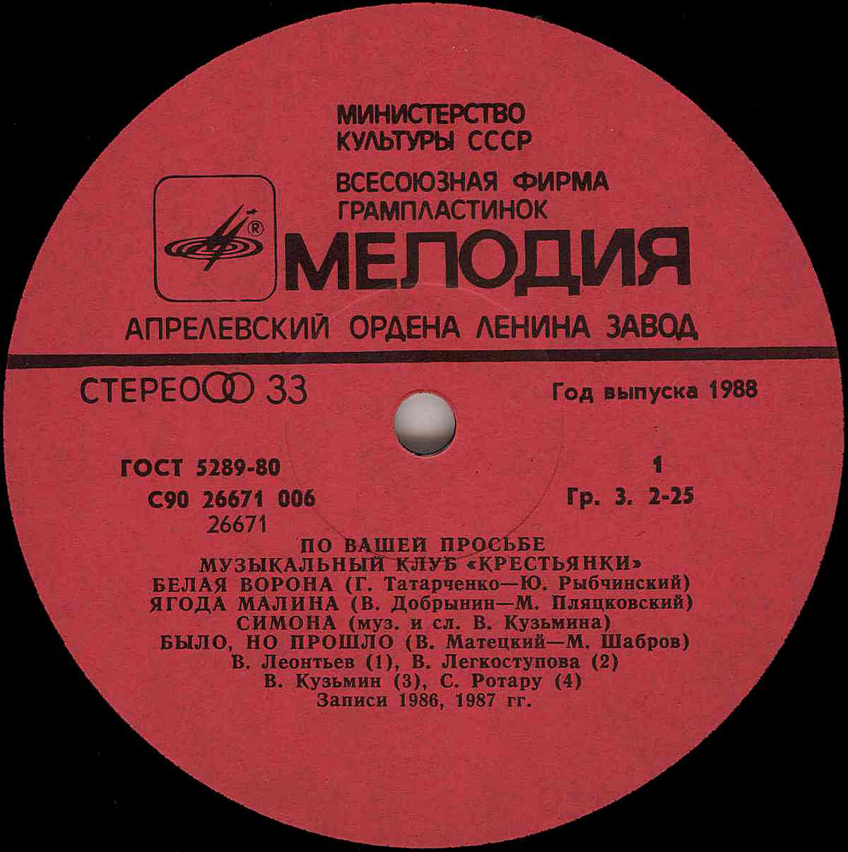 «ПО ВАШЕЙ ПРОСЬБЕ». Музыкальный клуб "Крестьянки". Пластинка 1