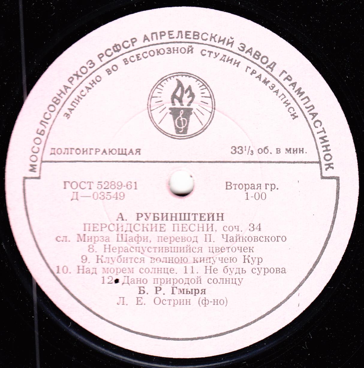А. РУБИНШТЕЙН (1829–1894): «Персидские песни», соч. 34 (Б. Гмыря)