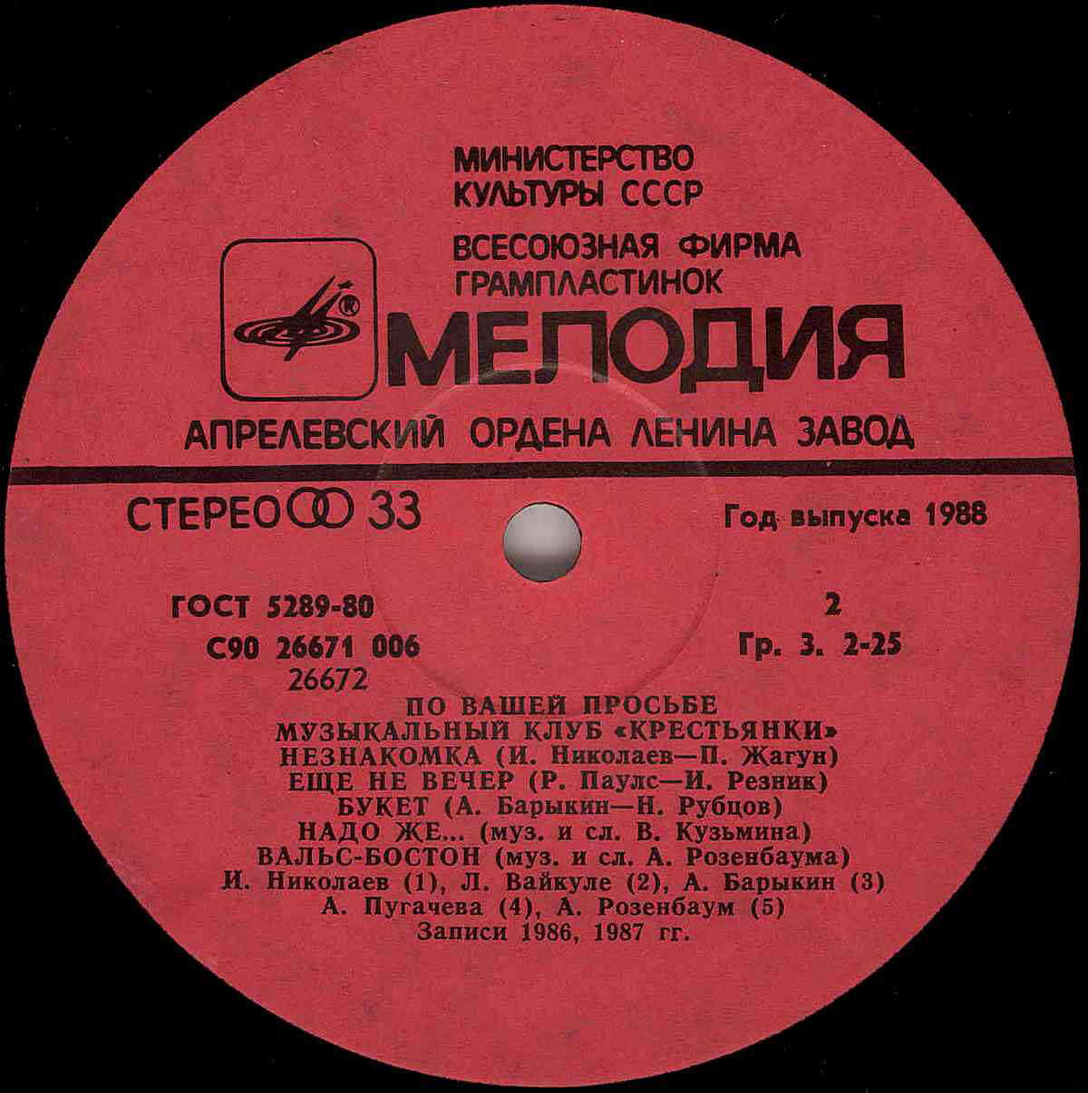 «ПО ВАШЕЙ ПРОСЬБЕ». Музыкальный клуб "Крестьянки". Пластинка 1