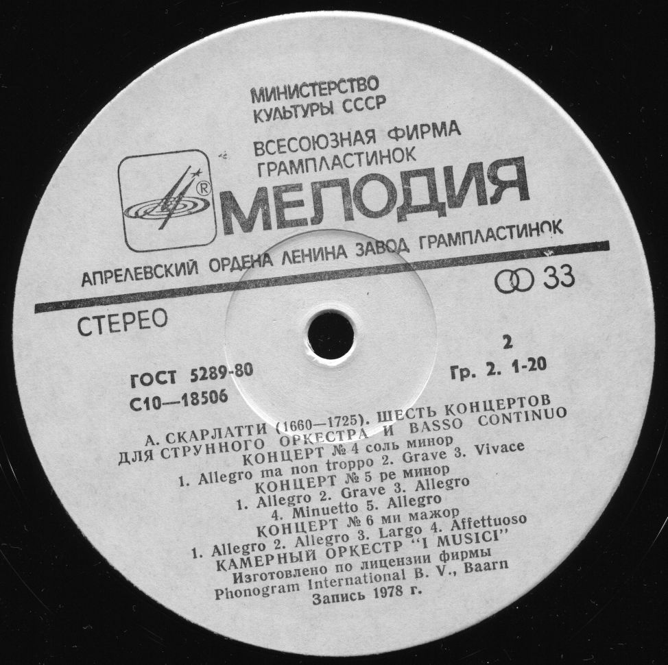 А. СКАРЛАТТИ (1660-1725): Шесть концертов для струнного оркестра и basso continuo (Камерный оркестр "I Musici", Италия)