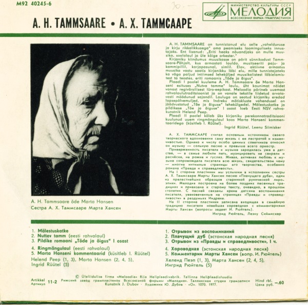 СУВЕНИРНАЯ ПЛАСТИНКА МУЗЕЯ им. А.Х. ТАММСААРЕ (A. H. Tammsaare Nim. Muuseumi Suveniirplaat) - на эстонском языке