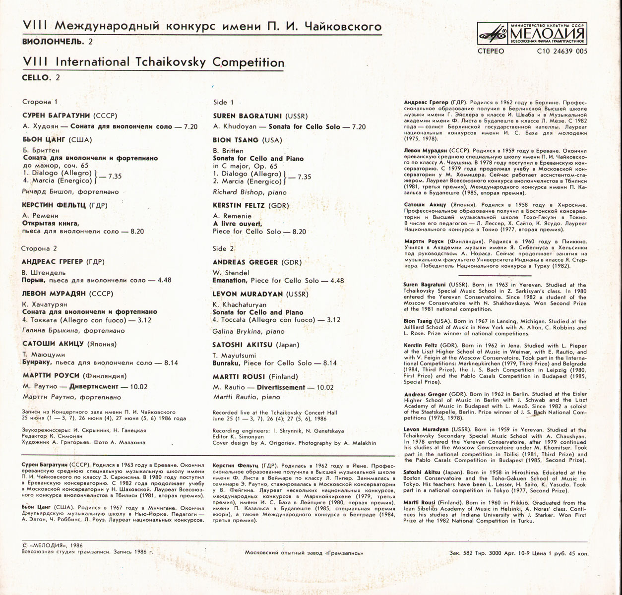 VIII МЕЖДУНАРОДНЫЙ КОНКУРС им. П. ЧАЙКОВСКОГО. Виолончель