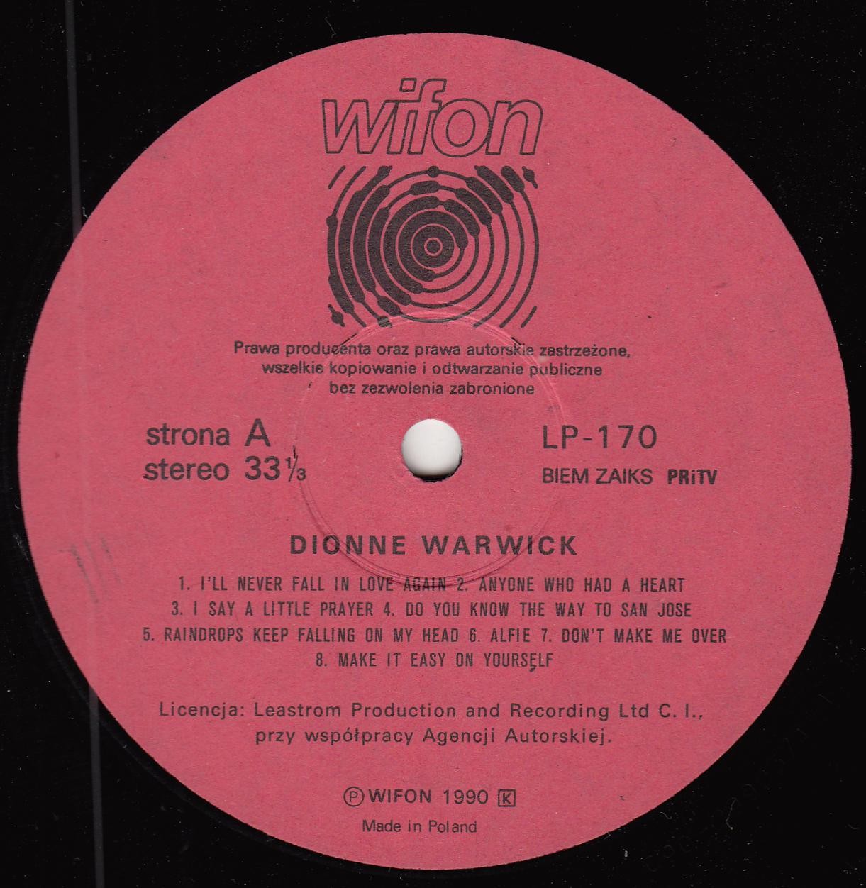 Dionne Warwick ‎– Złote Przeboje [по заказу польской фирмы WIFON, LP 170]