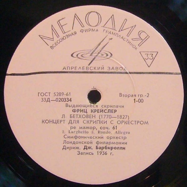 Л. БЕТХОВЕН (1770-1827) Концерт для скрипки с оркестром ре мажор, соч. 61 (Ф. Крейслер, Дж. Барбиролли)