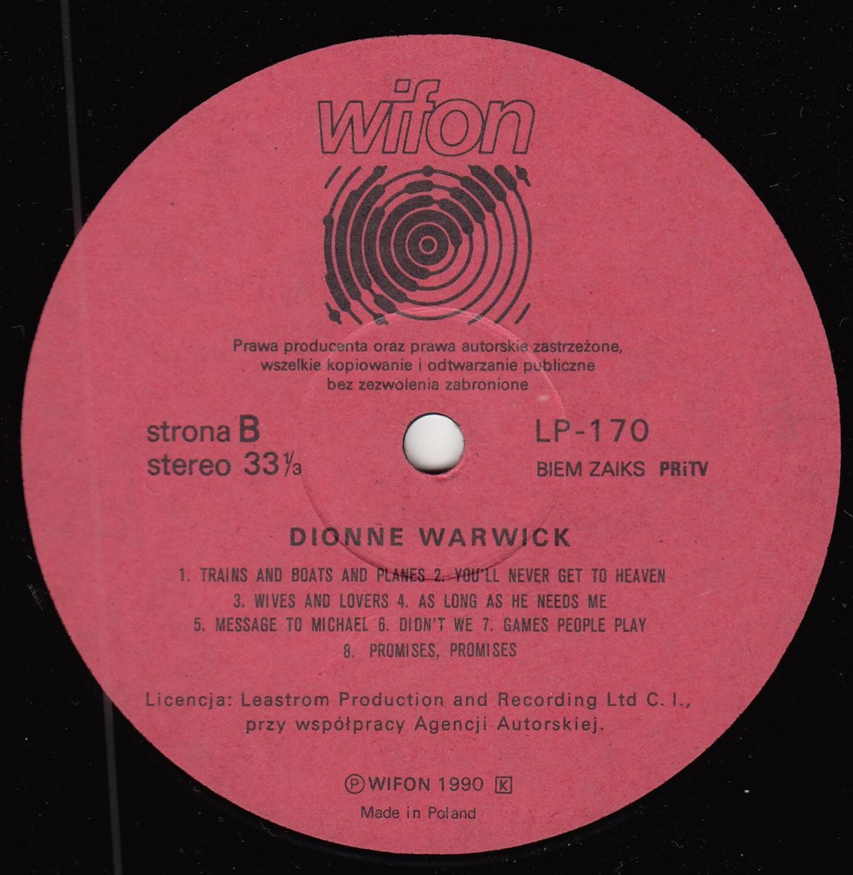 Dionne Warwick ‎– Złote Przeboje [по заказу польской фирмы WIFON, LP 170]