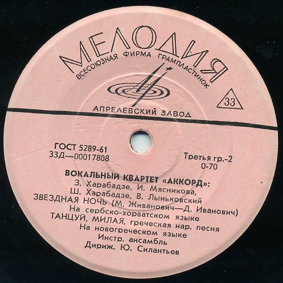 ВОКАЛЬНЫЙ КВАРТЕТ «АККОРД»: 3. Харабадзе, И. Мясникова, Ш. Харабадзе, В. Лыньковский