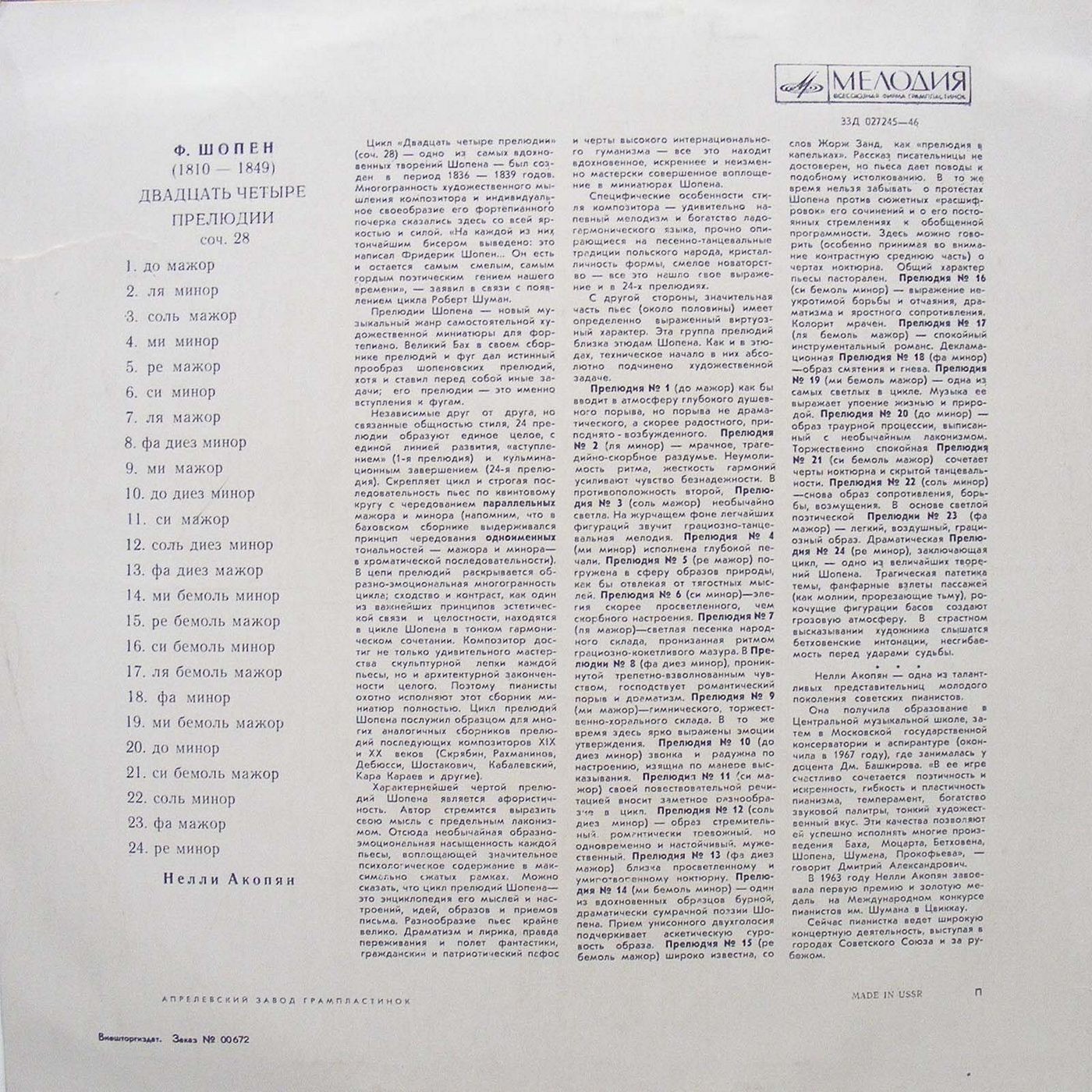 Ф. ШОПЕН (1810–1849): 24 прелюдии (Н. Акопян)