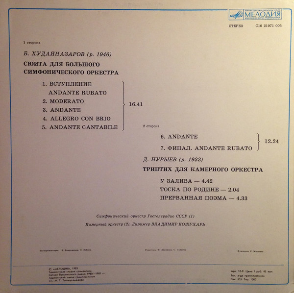 Б. ХУДАЙНАЗАРОВ (1946): Сюита для большого симфонического оркестра. Симф. орк. Центрального телевидения и Всесоюзного радио / В. Кожухарь