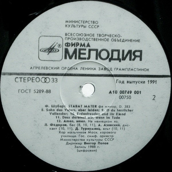 Ф. ШУБЕРТ (1797–1828): «Stabat Mater» фа минор, RV 383 (на немецком яз.).