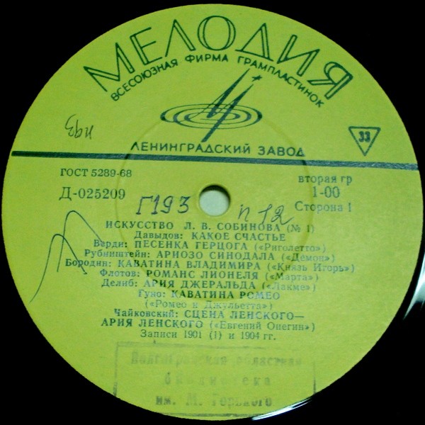 Леонид СОБИНОВ (тенор, 1872–1934): «Искусство Л. В. Собинова»