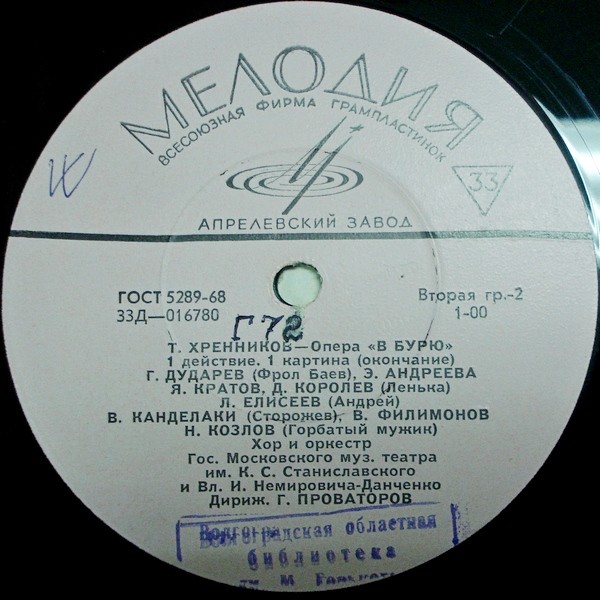 Т. ХРЕННИКОВ (1913–2007): «В бурю», опера в 4 действиях