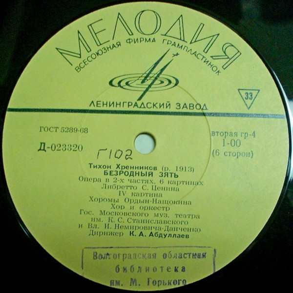 Т. ХРЕННИКОВ (1913–2007): «Безродный зять», опера в 2 ч., 6 картинах