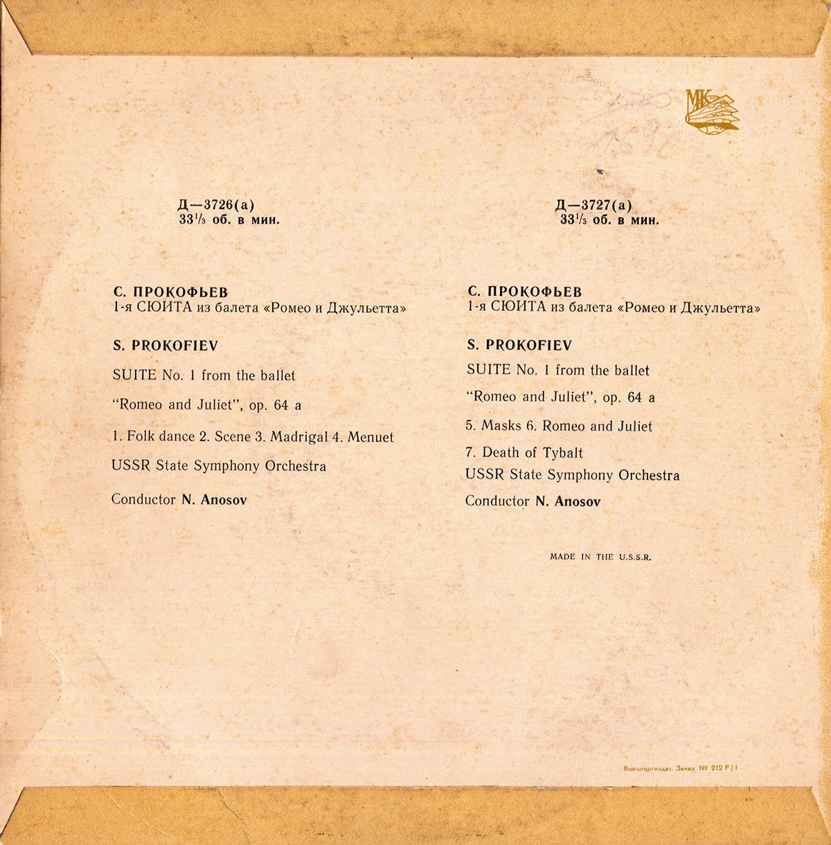 С. ПРОКОФЬЕВ (1891-1953) Сюита №1 из балета «Ромео и Джульетта», соч. 64-а — Н. Аносов